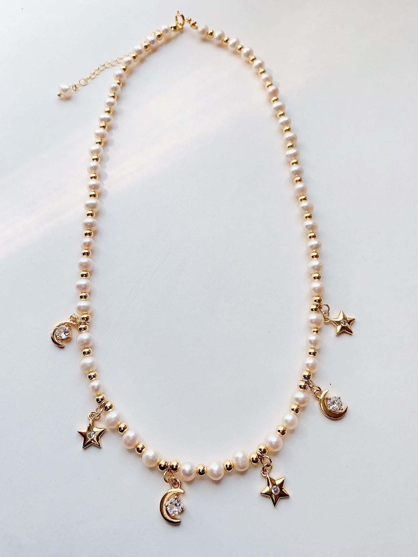 Freshwater Pearl Necklace: 14K Gold Filled Star Moon Charm