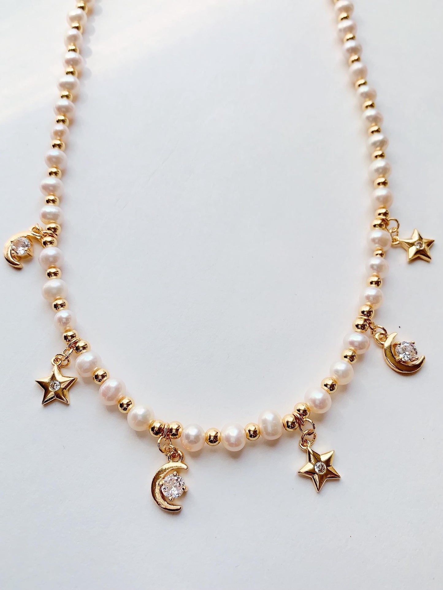 Freshwater Pearl Necklace: 14K Gold Filled Star Moon Charm