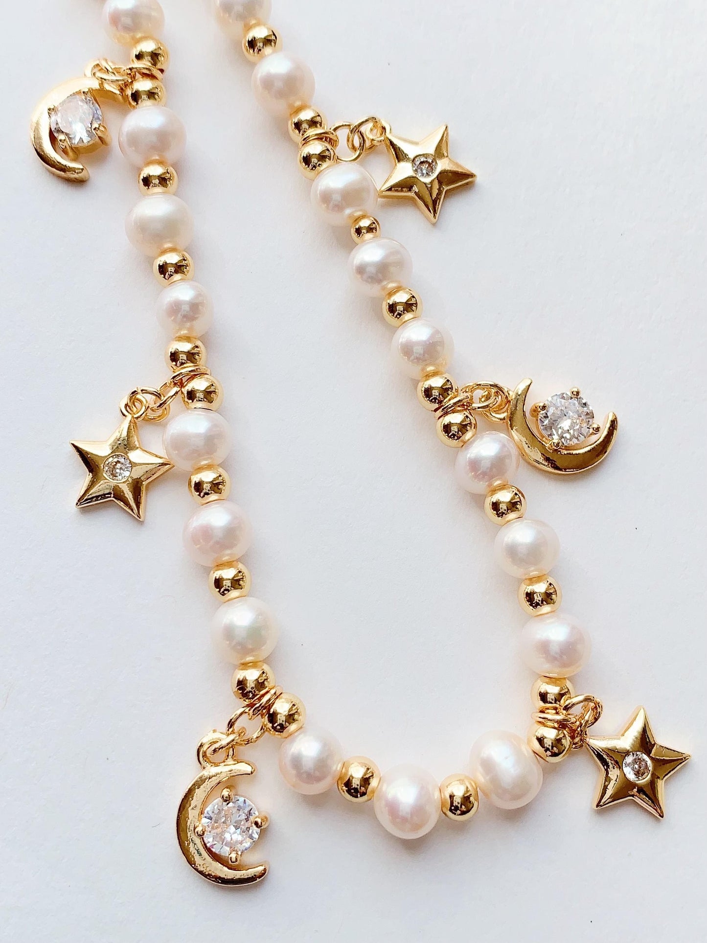 Freshwater Pearl Necklace: 14K Gold Filled Star Moon Charm