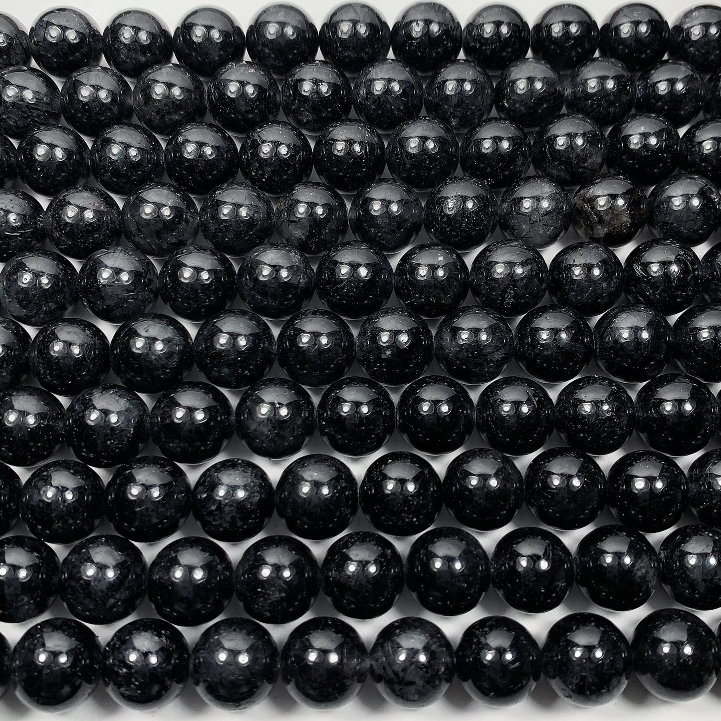 10mm Black Tourmaline Rutilated Quartz Beads: 15.5" Strand
