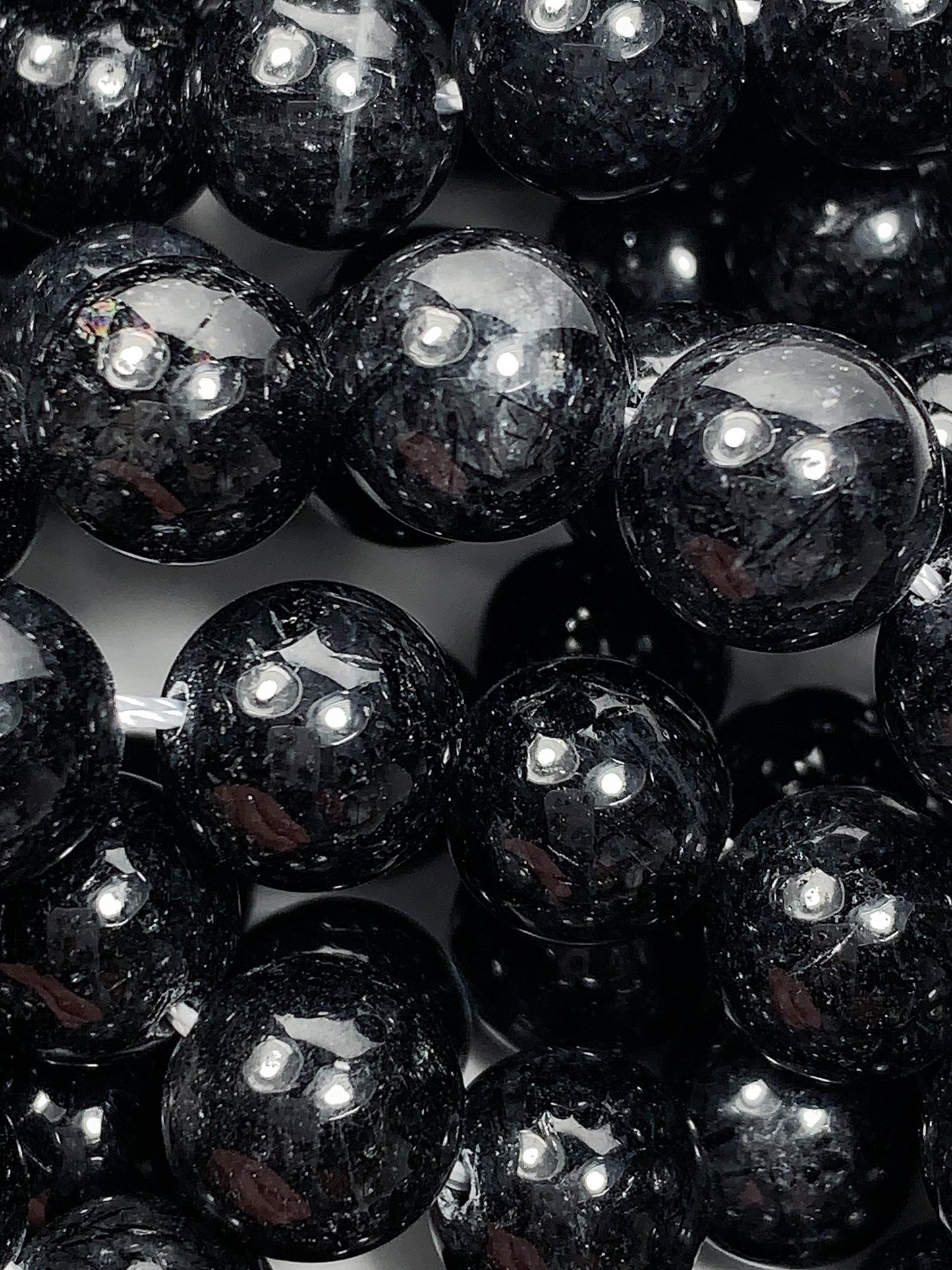 10mm Black Tourmaline Rutilated Quartz Beads: 15.5" Strand