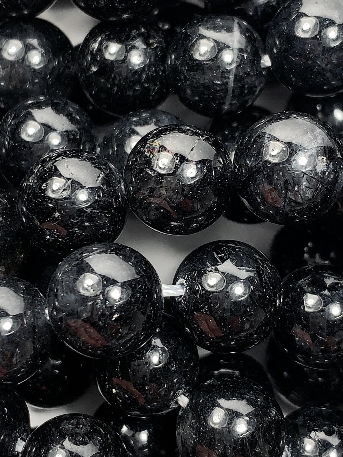 10mm Black Tourmaline Rutilated Quartz Beads: 15.5" Strand