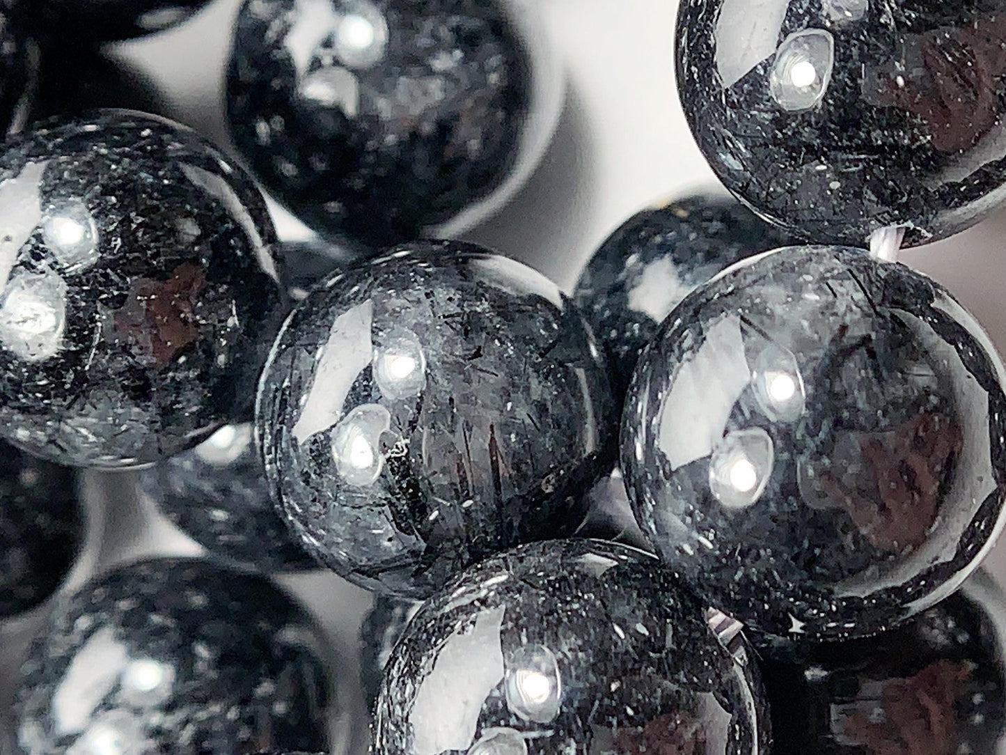10mm Black Tourmaline Rutilated Quartz Beads: 15.5" Strand