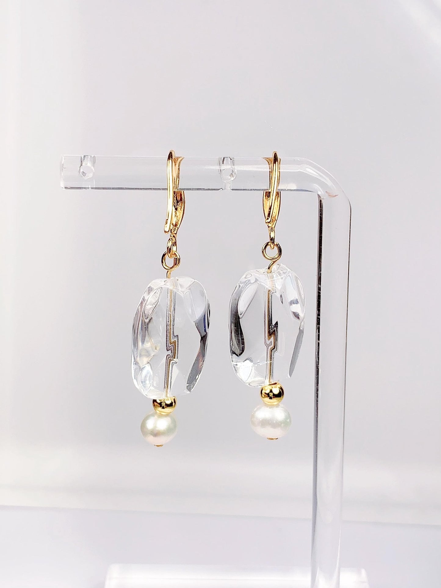 14K Gold Filled Pearl & Quartz Earrings: Natural Freshwater Pearl