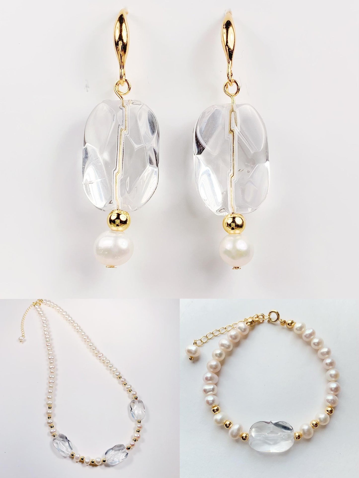 14K Gold Filled Pearl & Quartz Earrings: Natural Freshwater Pearl