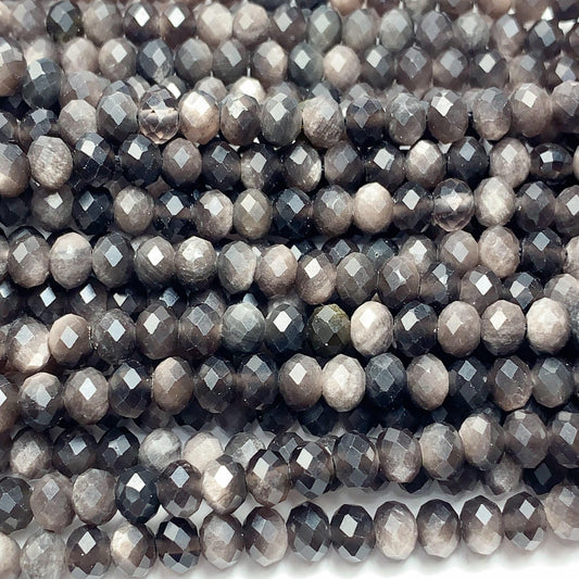 5x4mm Grade AAA+ Genuine Natural Black Silver Obsidian Faceted Rondelle Beads 15.5" Strand Gold