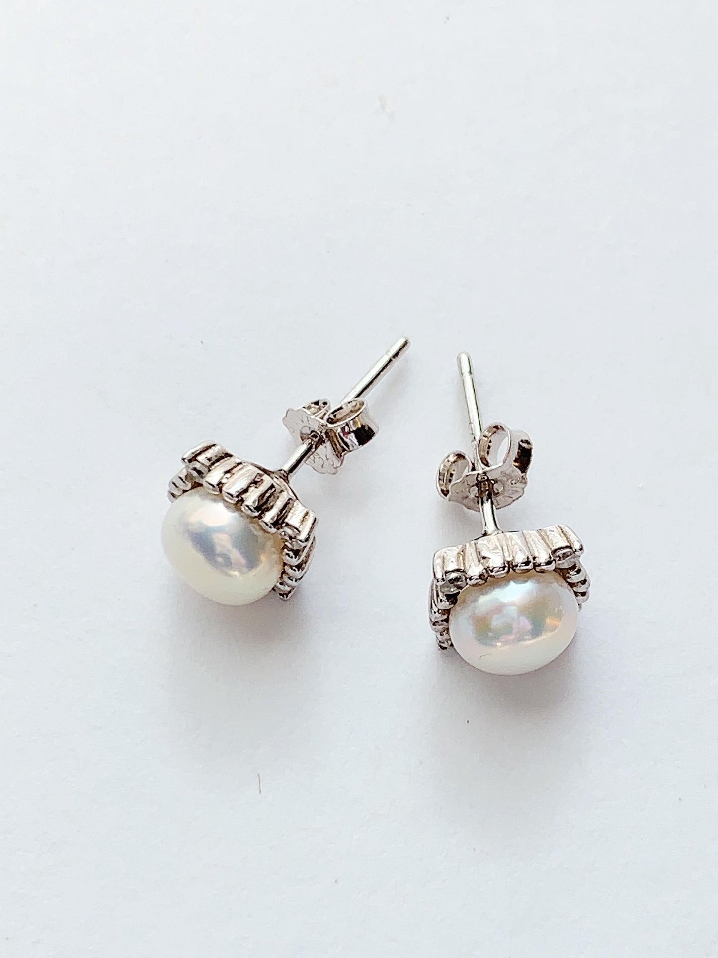 Freshwater Pearl Earrings: 18k White Gold Plated Sterling Silver Studs