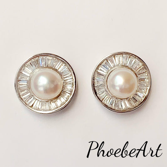 7.5mm High Quality Natural Freshwater pearls 18k White Gold Plated S 925 Sterling Silver Earrings ear stud