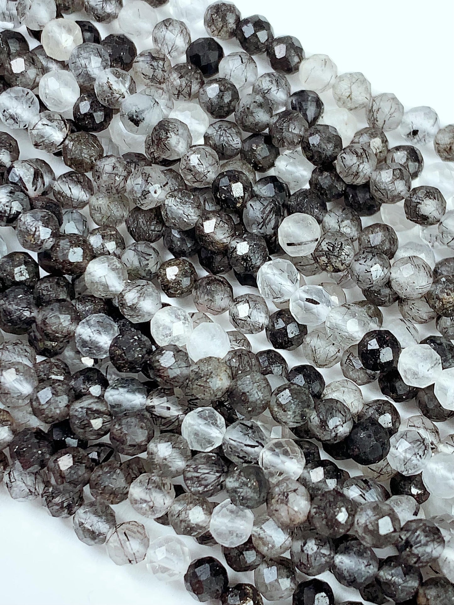 Faceted Black Tourmaline Rutilated Quartz Beads: AAA Grade, 2-4mm, 15.5" Strand