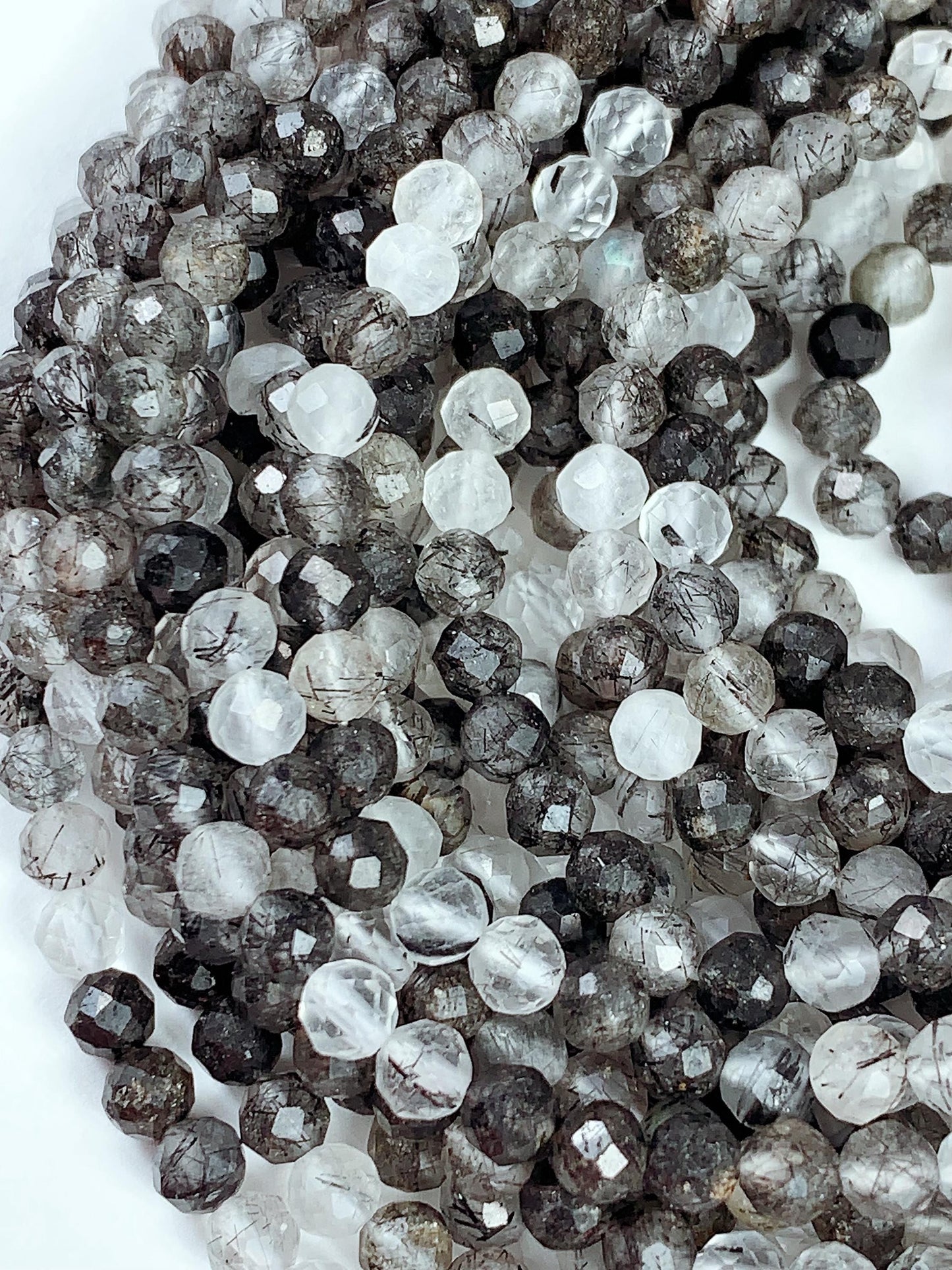Faceted Black Tourmaline Rutilated Quartz Beads: AAA Grade, 2-4mm, 15.5" Strand