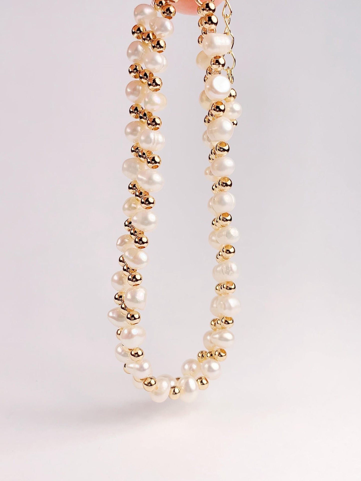 18k Gold Filled Pearl Jewelry Set: Freshwater Pearl Necklace, Bracelet & Earrings