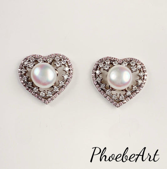 Heart Pearl Earrings: 18k Gold Plated Sterling Silver Studs
