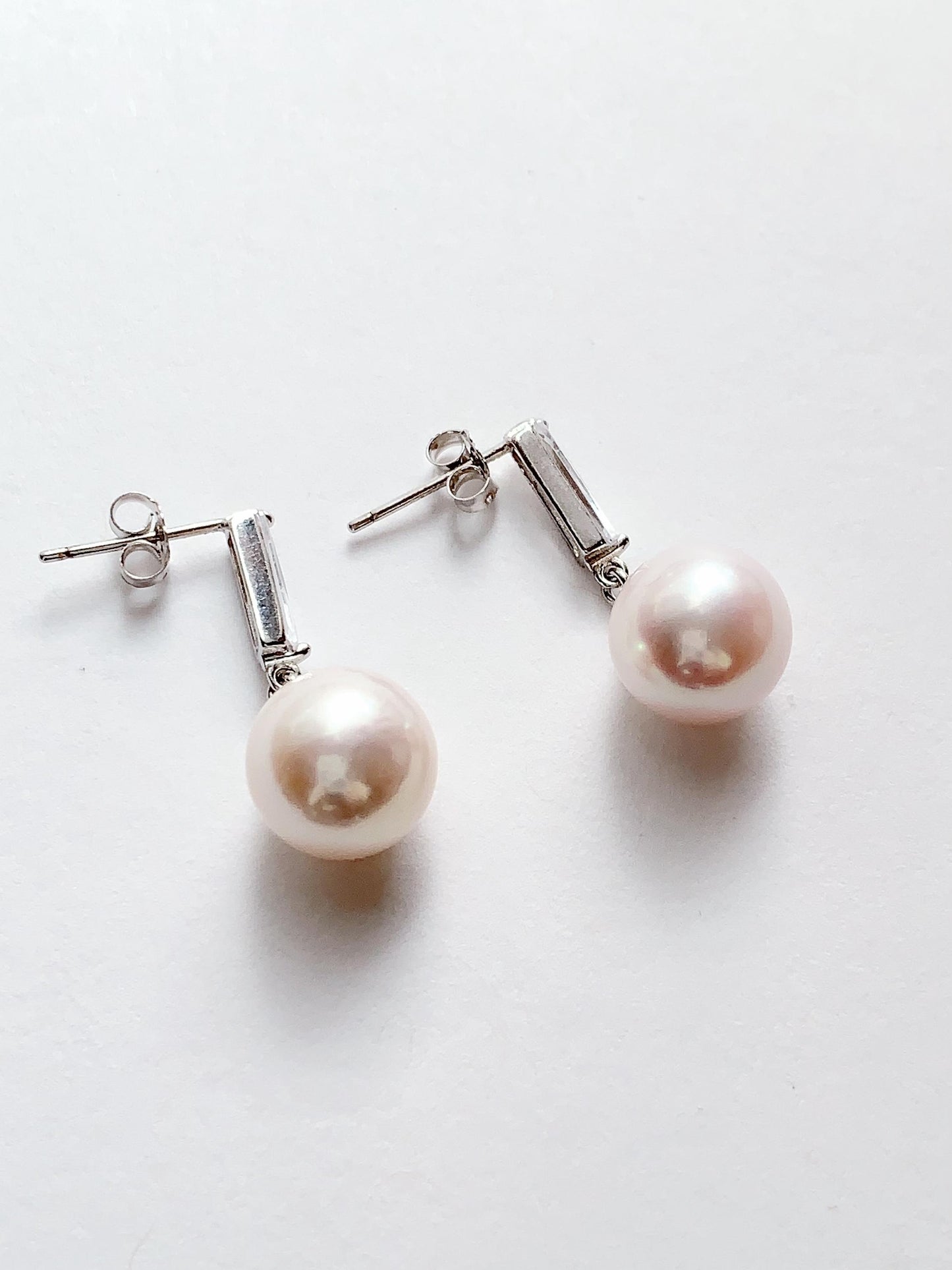 11mm Light Pink Pearl Earrings: Sterling Silver, 18k White Gold