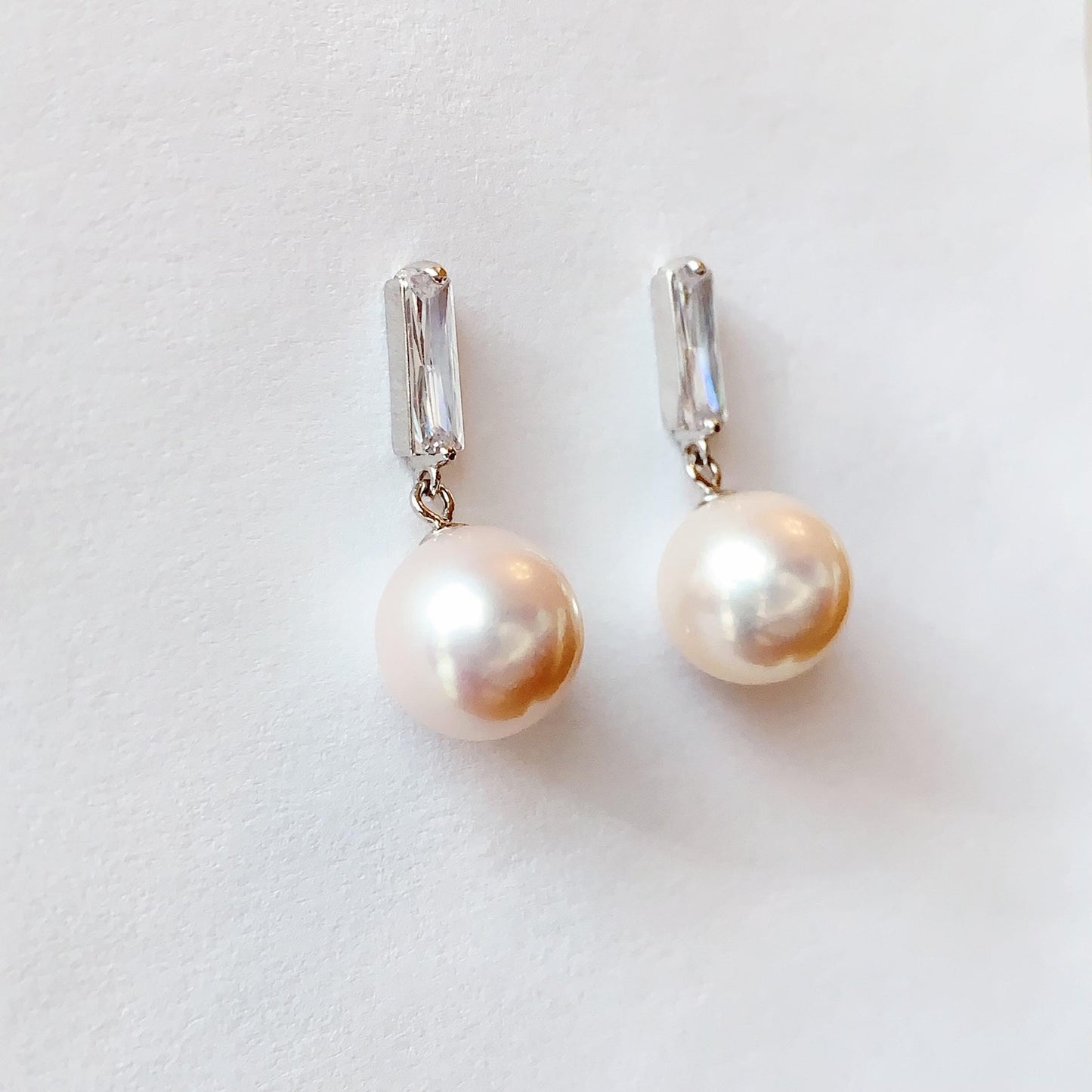11mm Light Pink Pearl Earrings: Sterling Silver, 18k White Gold