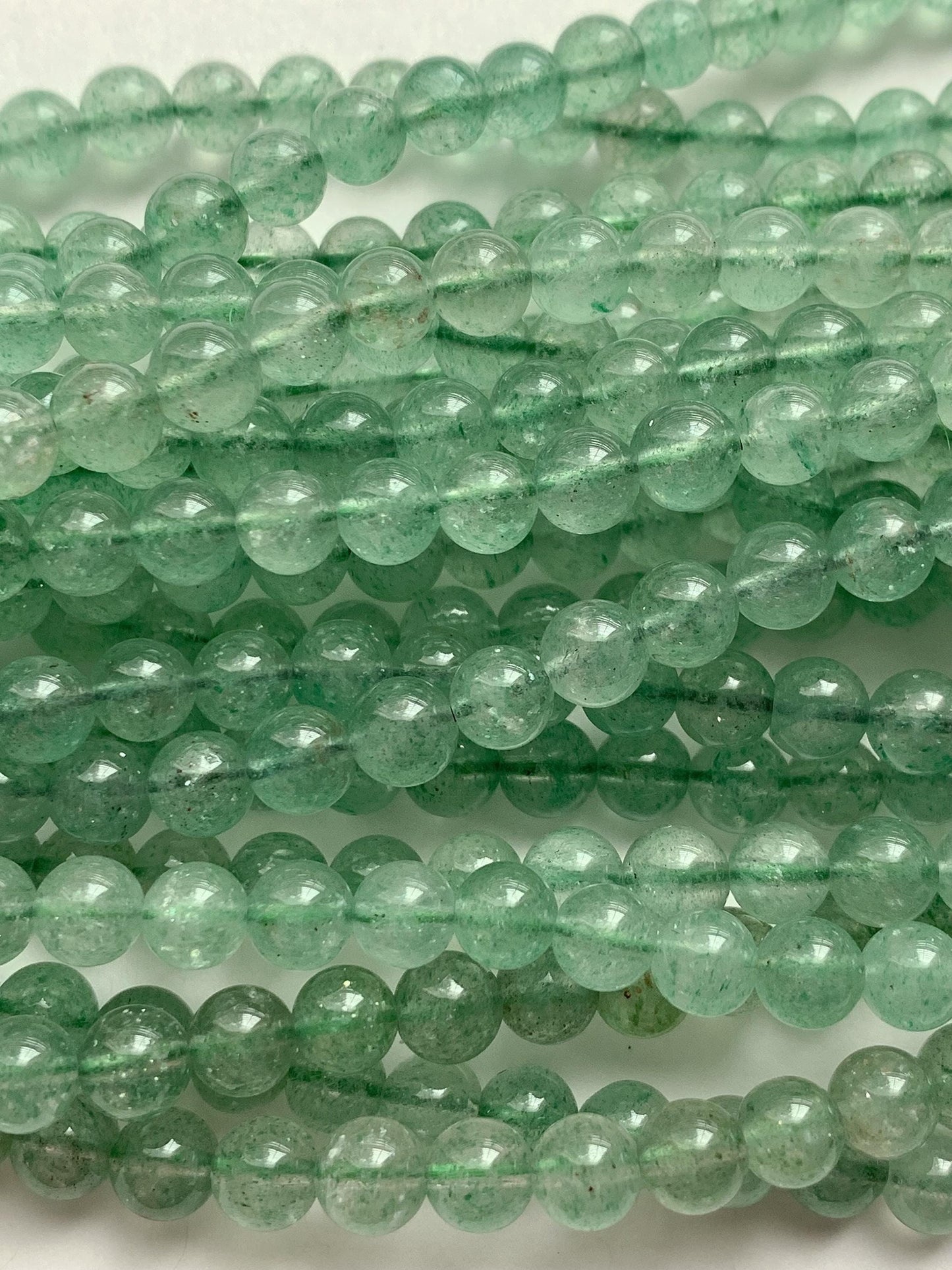 Natural Green Strawberry Quartz Smooth Round  Beads:  Gemstone, 15.5" Strand