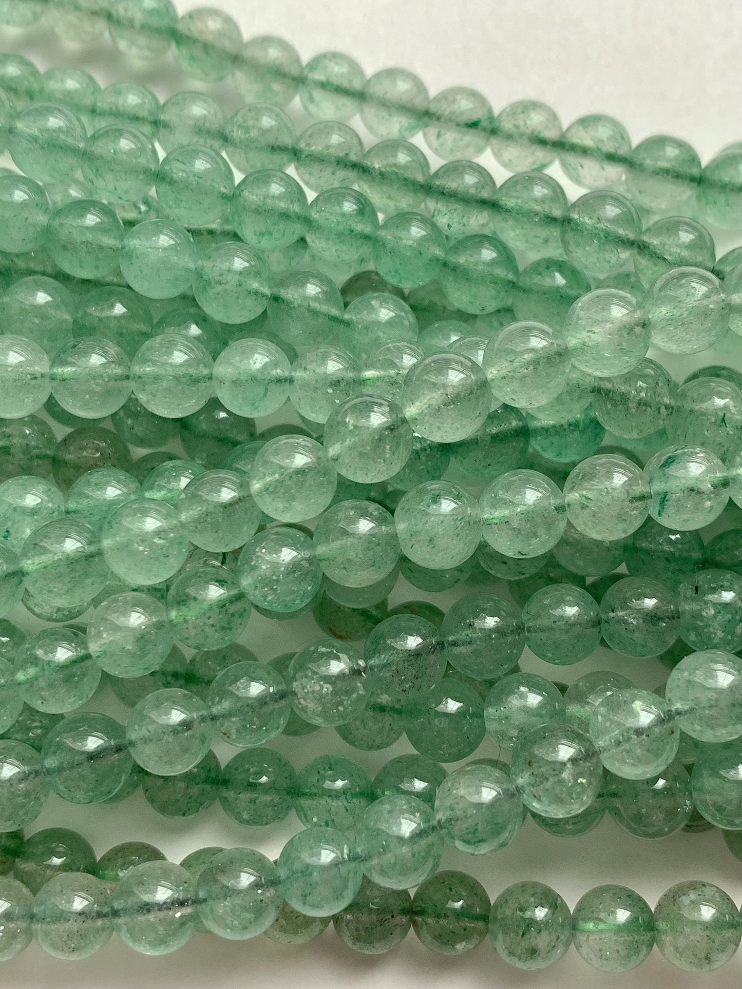 Natural Green Strawberry Quartz Smooth Round  Beads:  Gemstone, 15.5" Strand