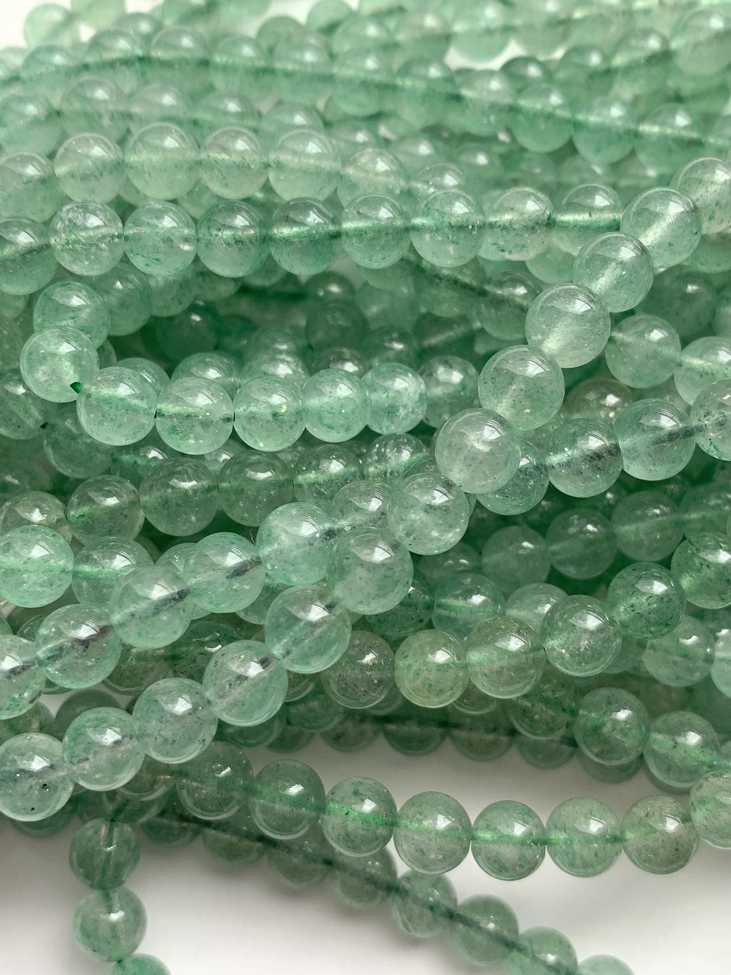 Natural Green Strawberry Quartz Smooth Round  Beads:  Gemstone, 15.5" Strand