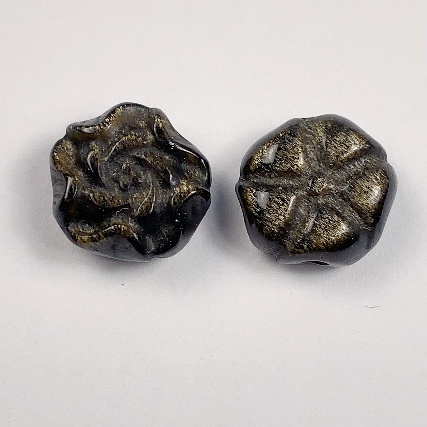 Carved Golden Obsidian Peony Flower Bead - 13mm Loose Gemstone