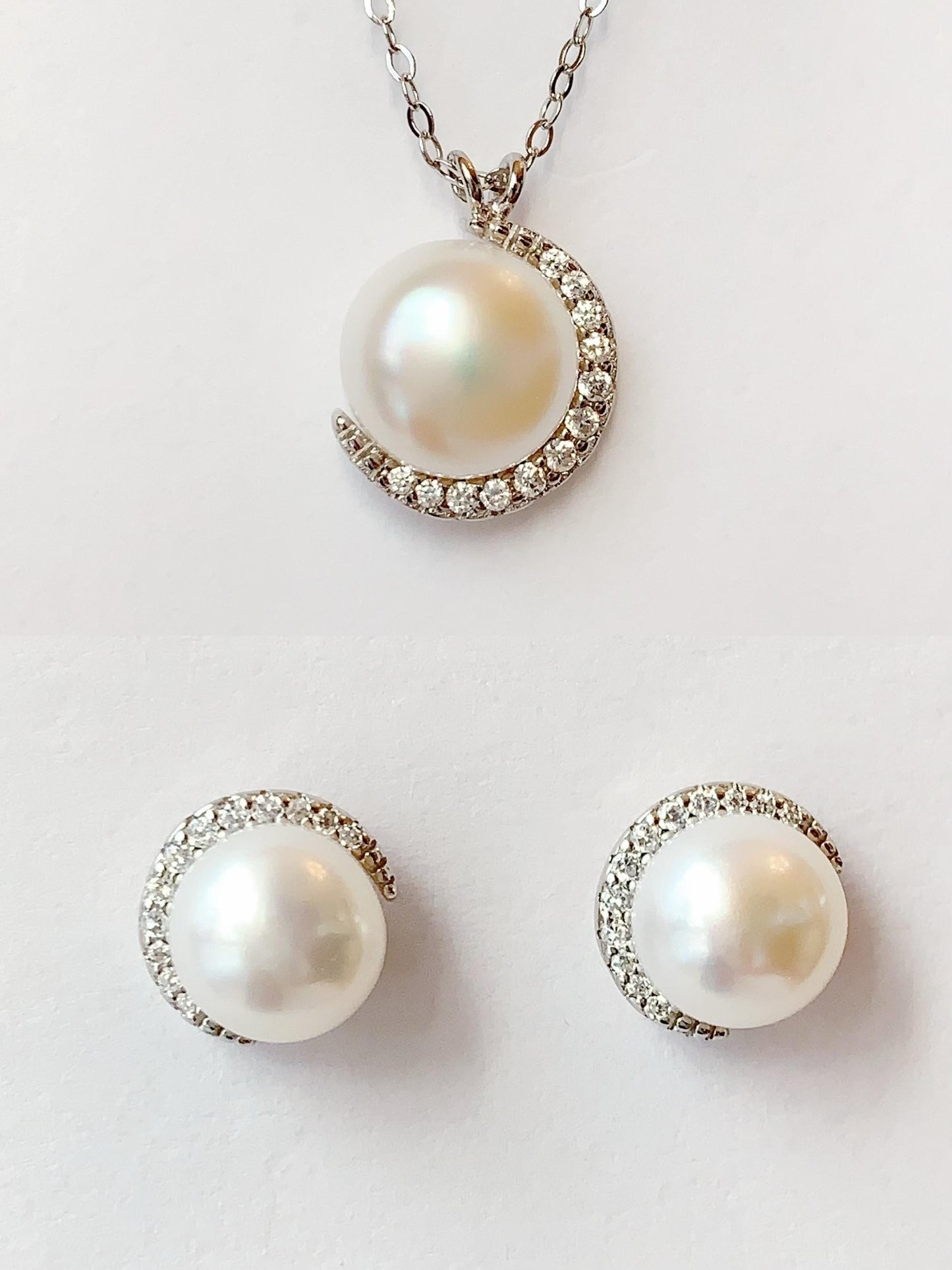 Freshwater Pearl Necklace Set: 18K White Gold Plated Sterling Silver Moon Design