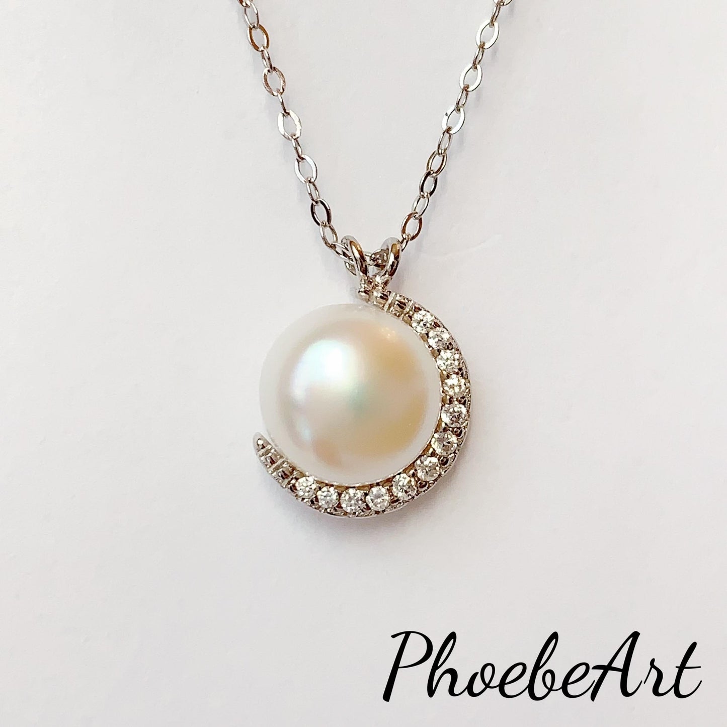 Freshwater Pearl Necklace Set: 18K White Gold Plated Sterling Silver Moon Design