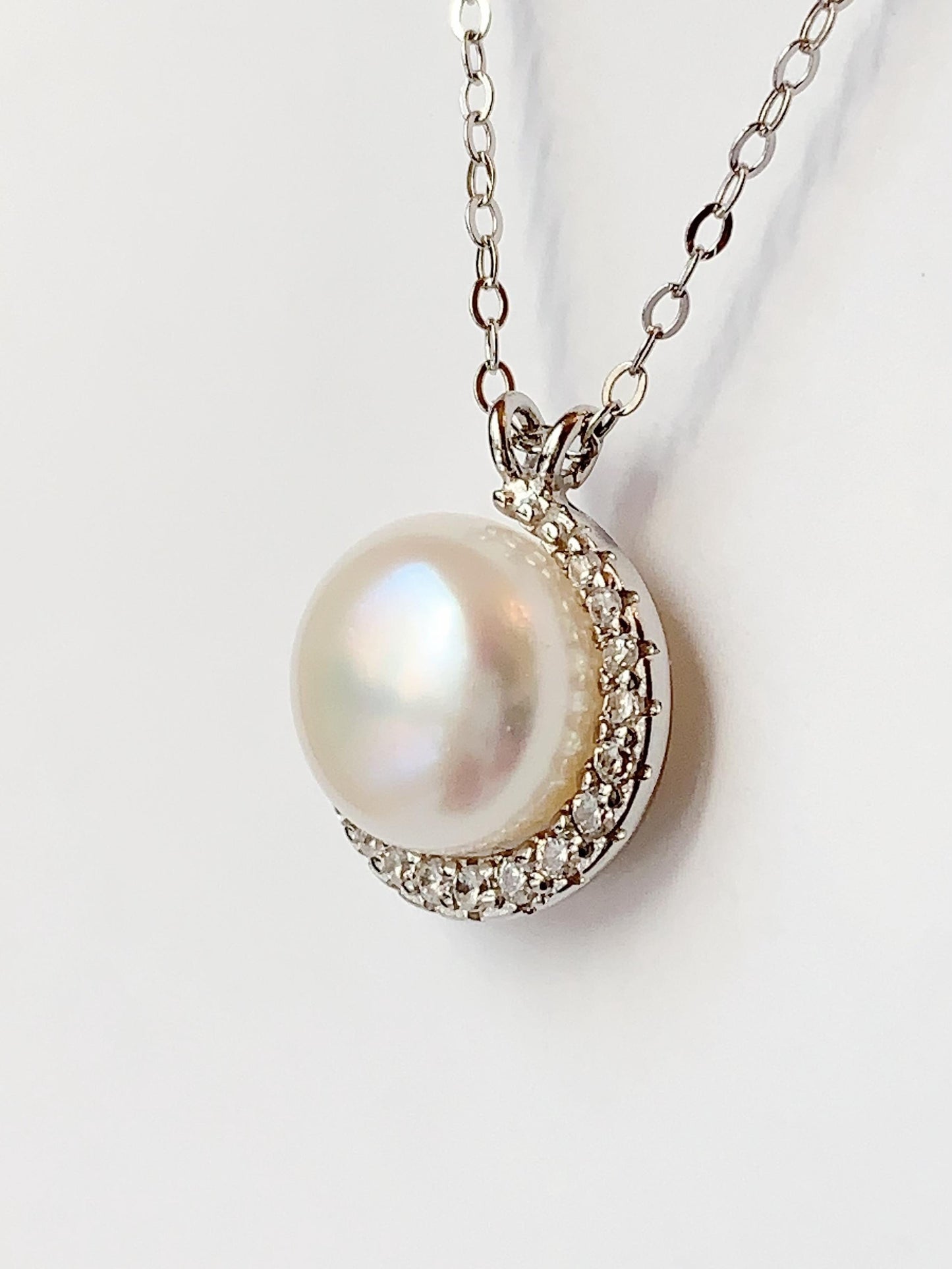 Freshwater Pearl Necklace Set: 18K White Gold Plated Sterling Silver Moon Design