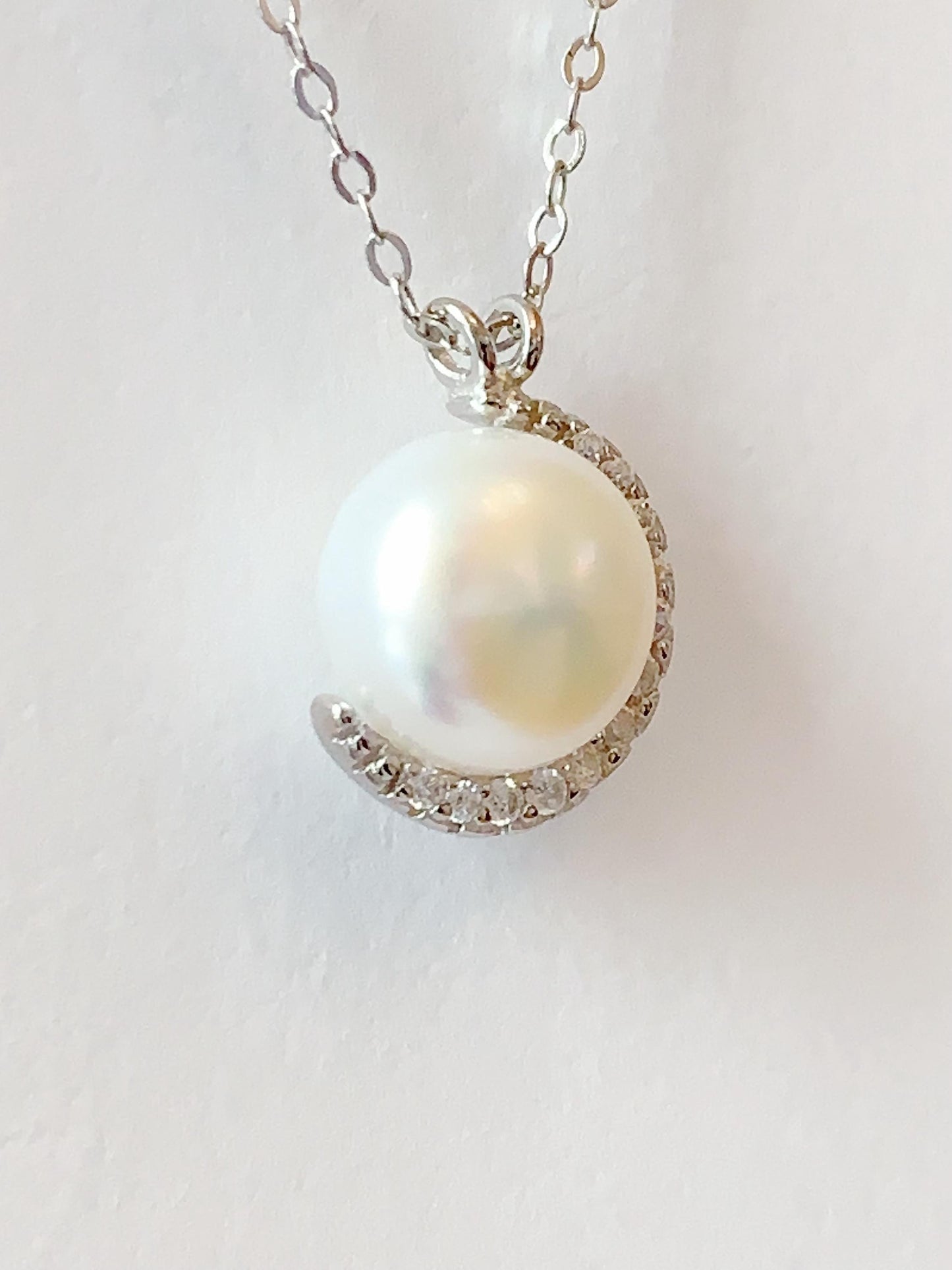 Freshwater Pearl Necklace Set: 18K White Gold Plated Sterling Silver Moon Design