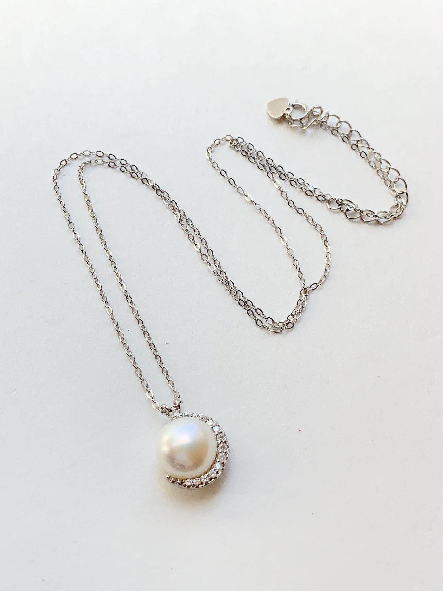 Freshwater Pearl Necklace Set: 18K White Gold Plated Sterling Silver Moon Design