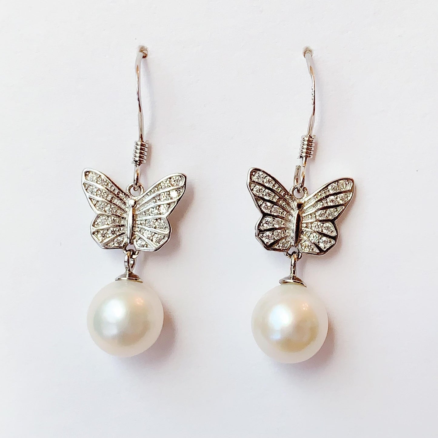 Butterfly Pearl Earrings: 8mm Freshwater Pearl, Sterling Silver
