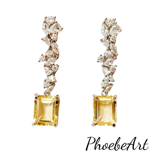 Citrine Earrings: 18k Gold Plated Sterling Silver Leaves, Rectangle Cut