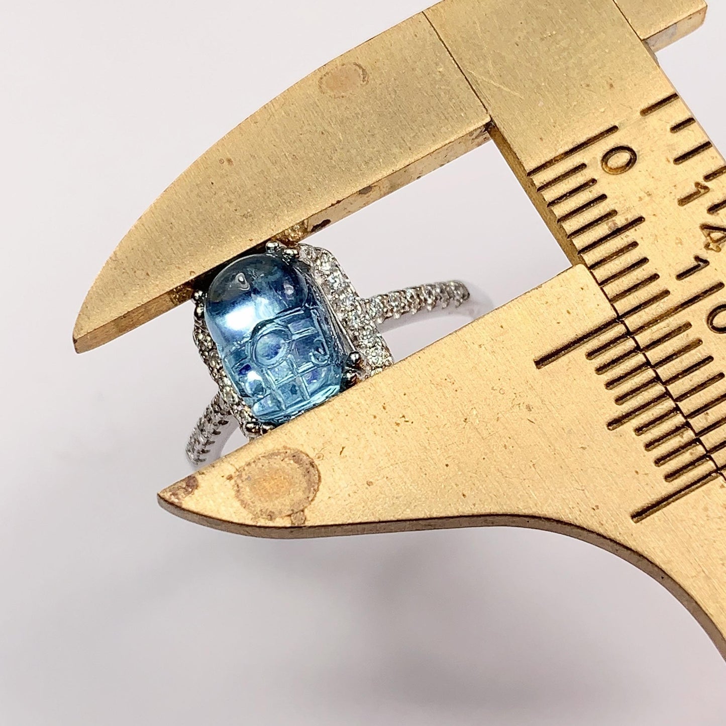 Aquamarine Brave Troops Carved Ring: 18K Gold Plated Sterling Silver Birthstone