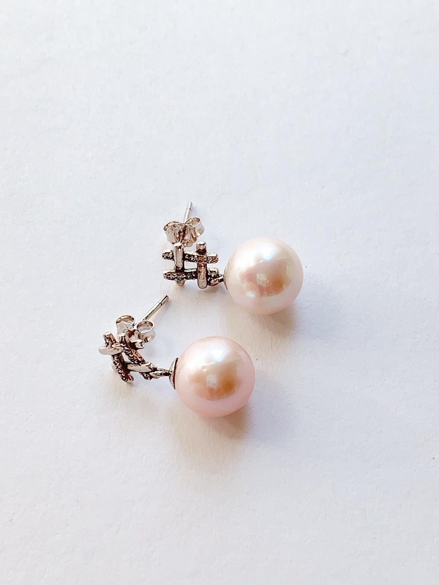Light Pink Pearl Earrings: 18k White Gold Plated Sterling Silver