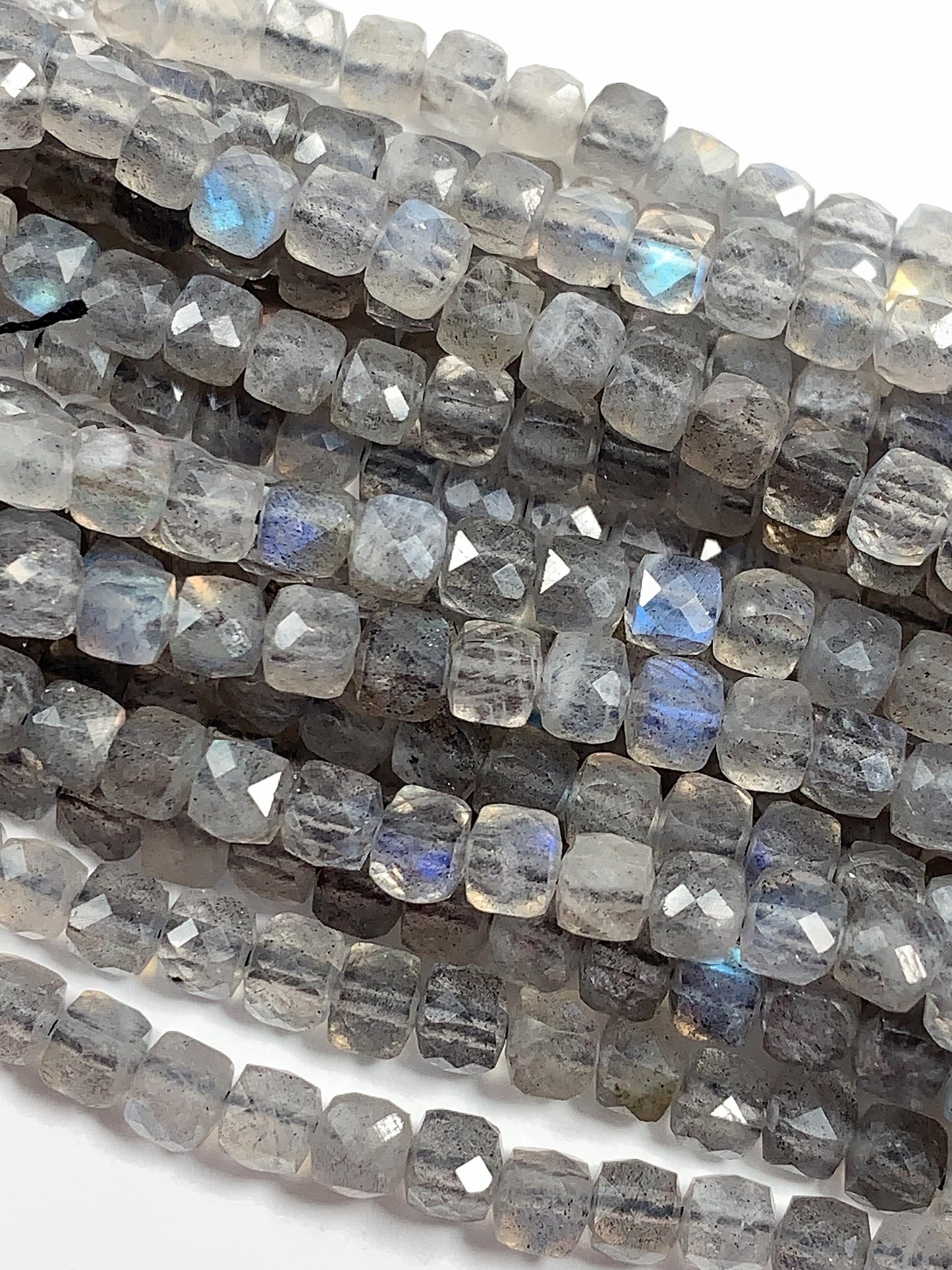 Blue Gray Labradorite Faceted Cube Beads: Natural Gemstone Strand (4.5mm+)