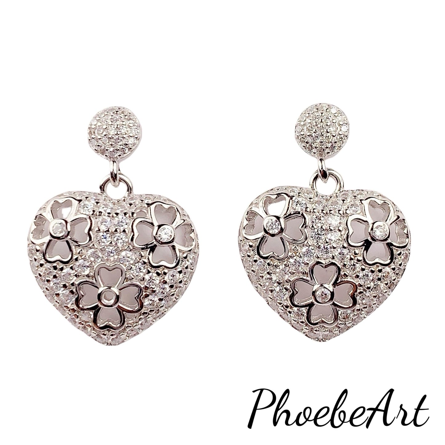 Heart Clover Earrings: 18k White Gold Plated Sterling Silver Studs