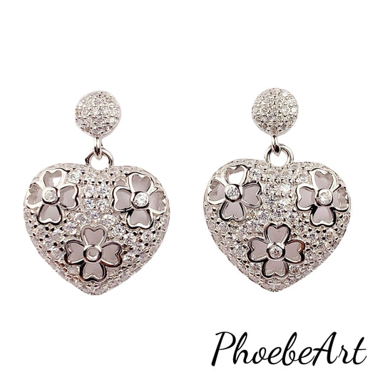 Heart Clover Earrings: 18k White Gold Plated Sterling Silver Studs