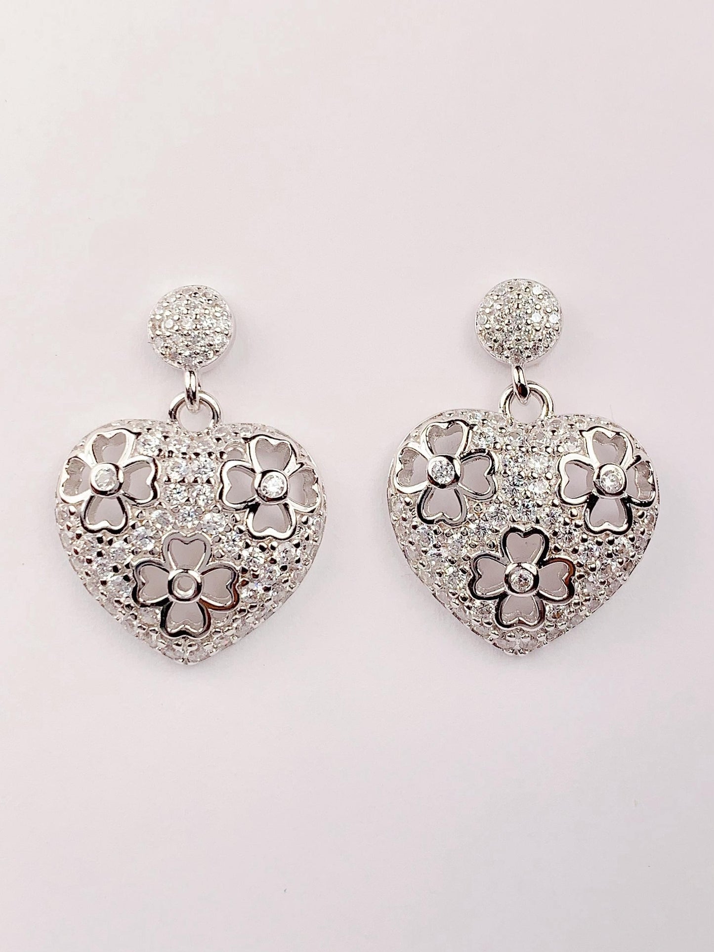 Heart Clover Earrings: 18k White Gold Plated Sterling Silver Studs