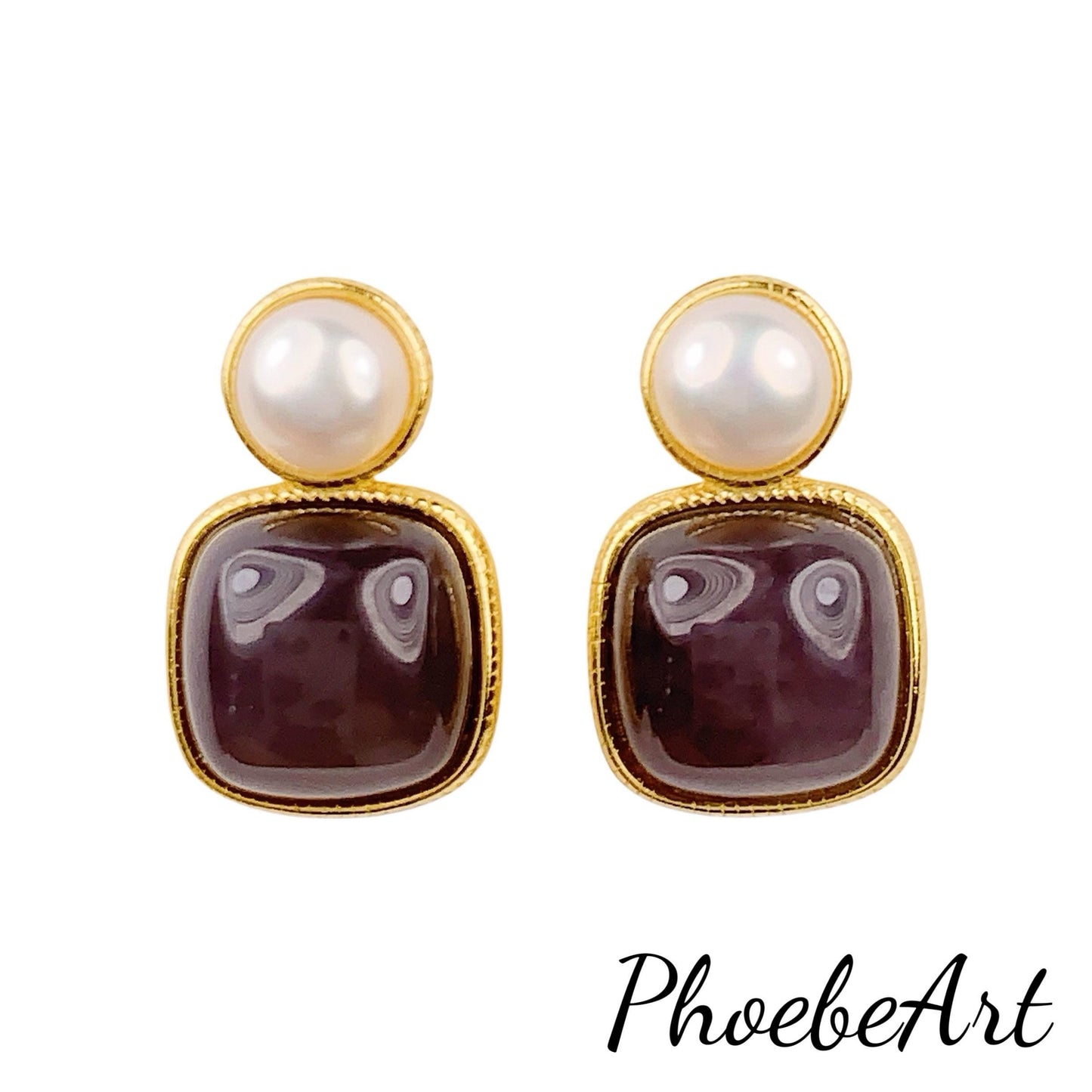 9mm  High Quality Natural Sugar Jade Snooth Square Cut and Pearl  18k Yellow Gold Plated S 925 Sterling Silver  Earrings Ear stud