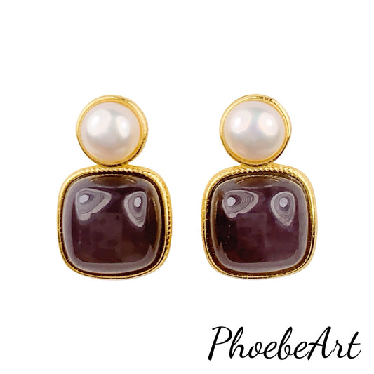 9mm  High Quality Natural Sugar Jade Snooth Square Cut and Pearl  18k Yellow Gold Plated S 925 Sterling Silver  Earrings Ear stud