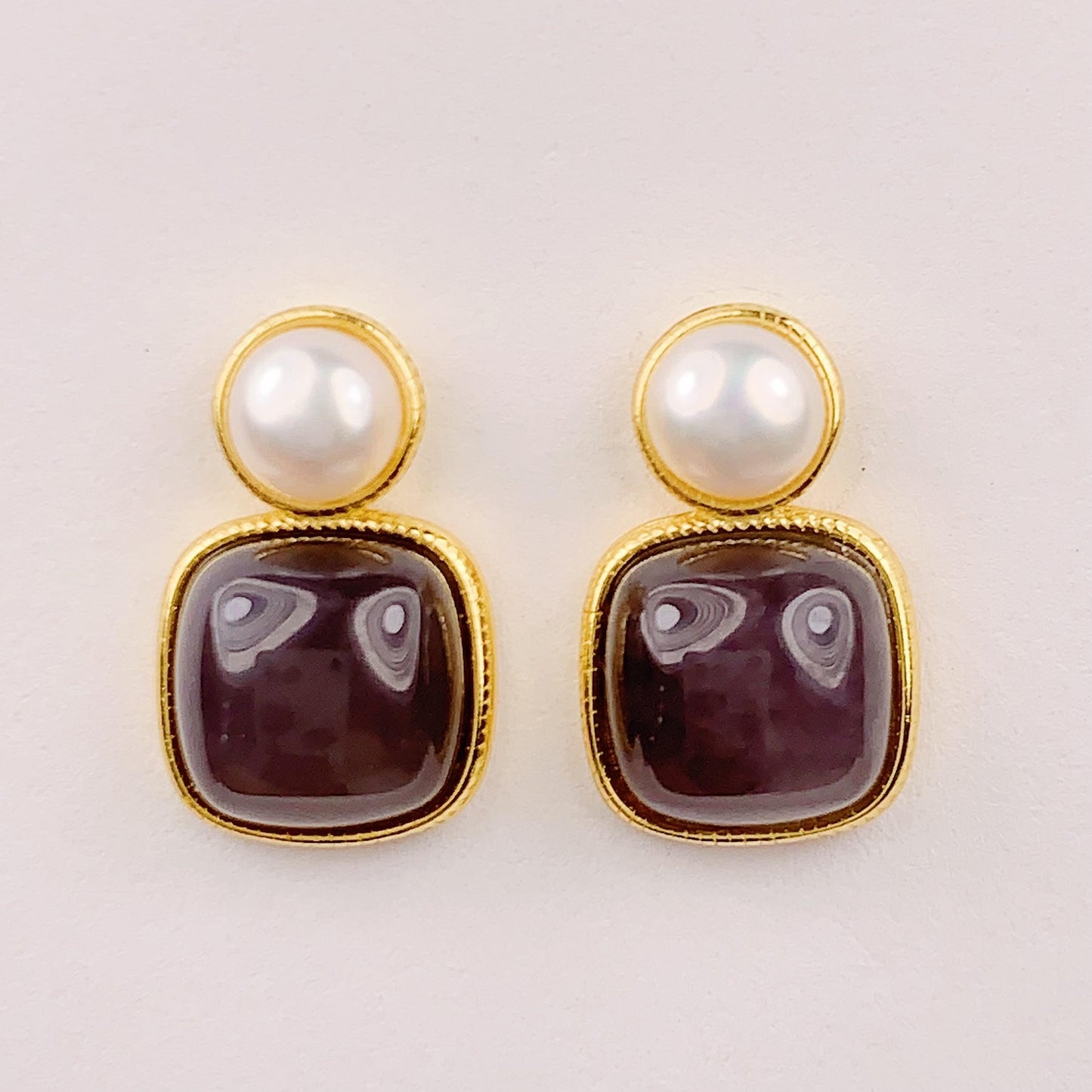 9mm  High Quality Natural Sugar Jade Snooth Square Cut and Pearl  18k Yellow Gold Plated S 925 Sterling Silver  Earrings Ear stud