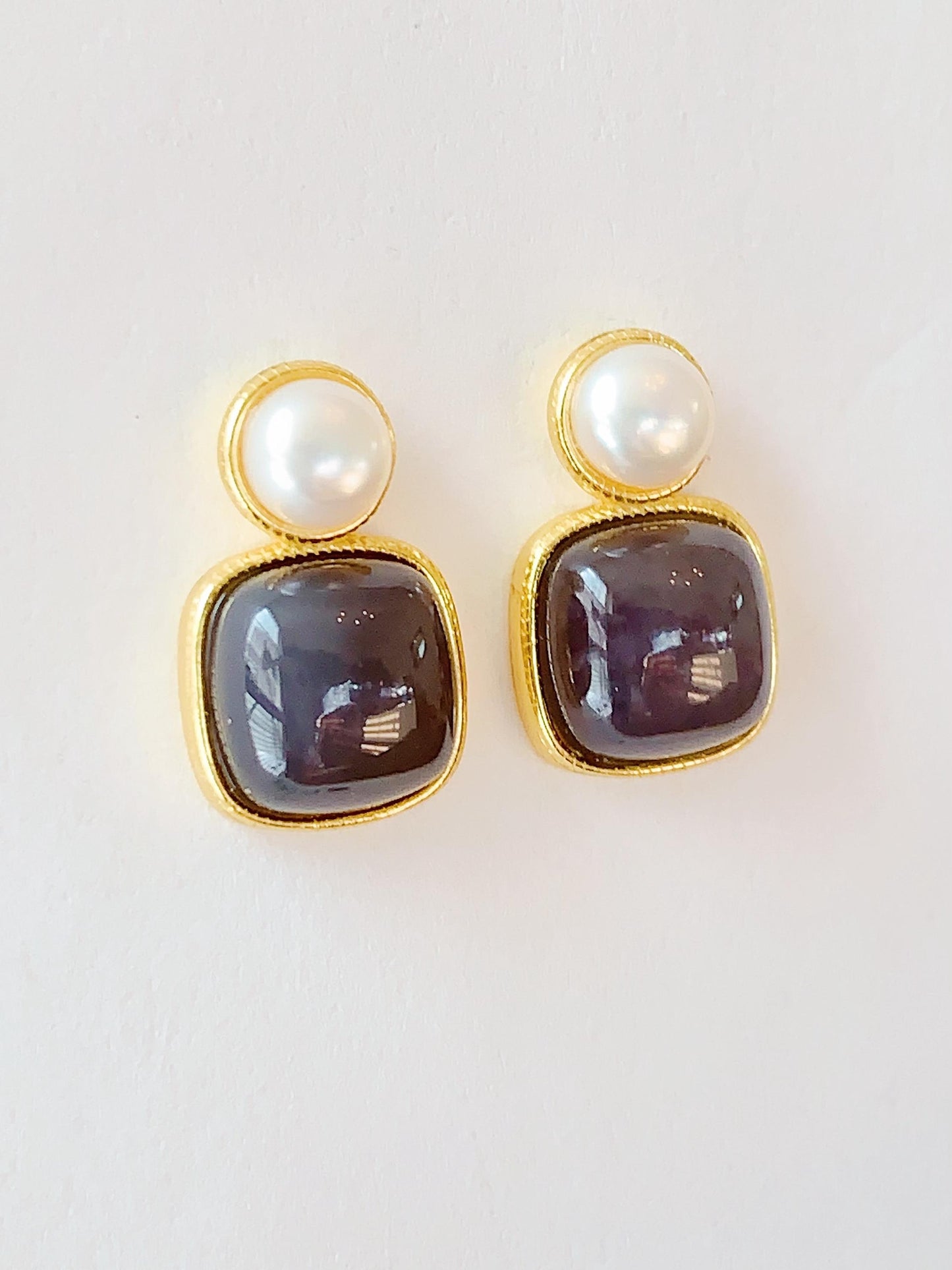 9mm  High Quality Natural Sugar Jade Snooth Square Cut and Pearl  18k Yellow Gold Plated S 925 Sterling Silver  Earrings Ear stud