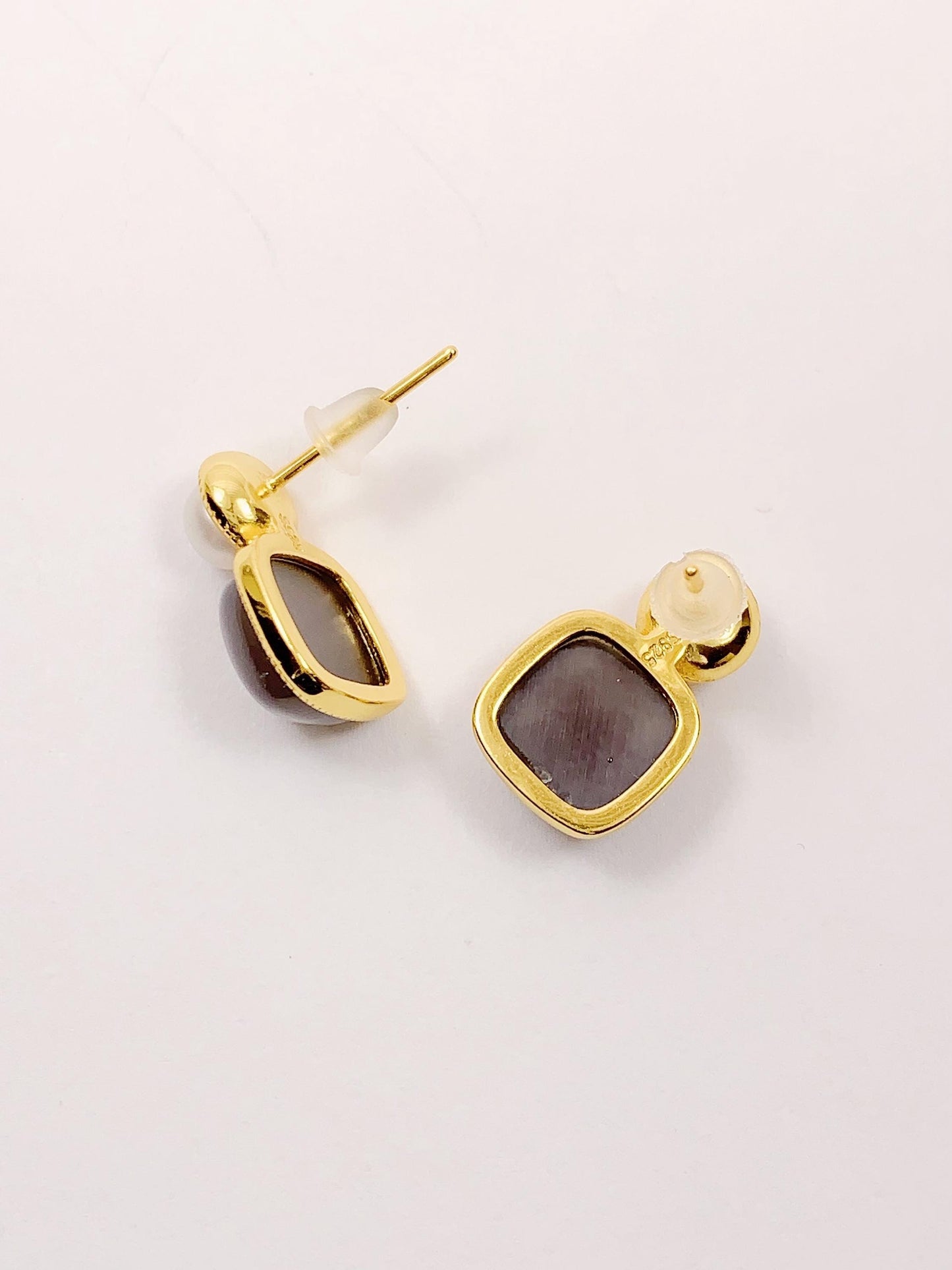 9mm  High Quality Natural Sugar Jade Snooth Square Cut and Pearl  18k Yellow Gold Plated S 925 Sterling Silver  Earrings Ear stud
