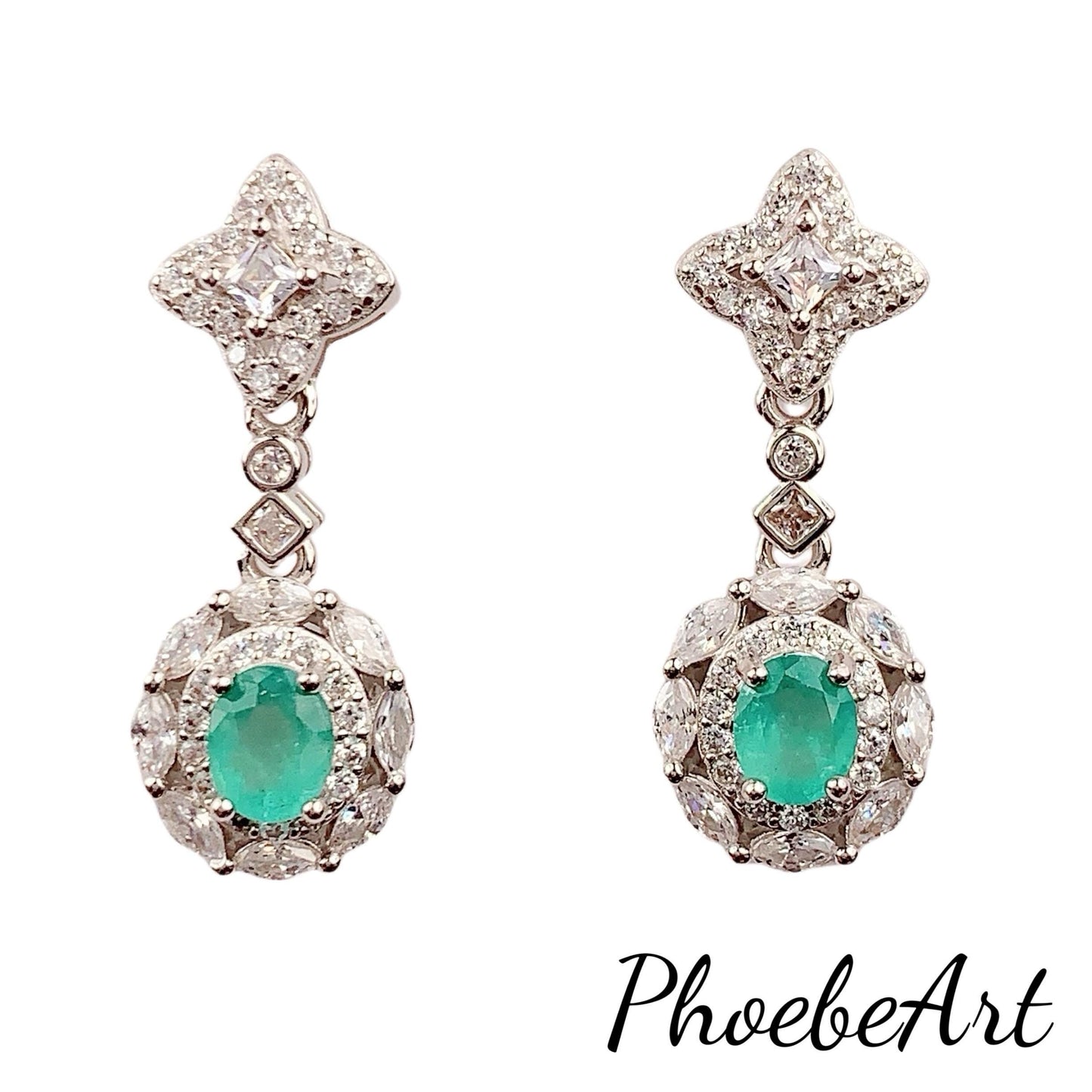 Emerald Sterling Silver Earrings: 18k Gold Plated Dangle Studs