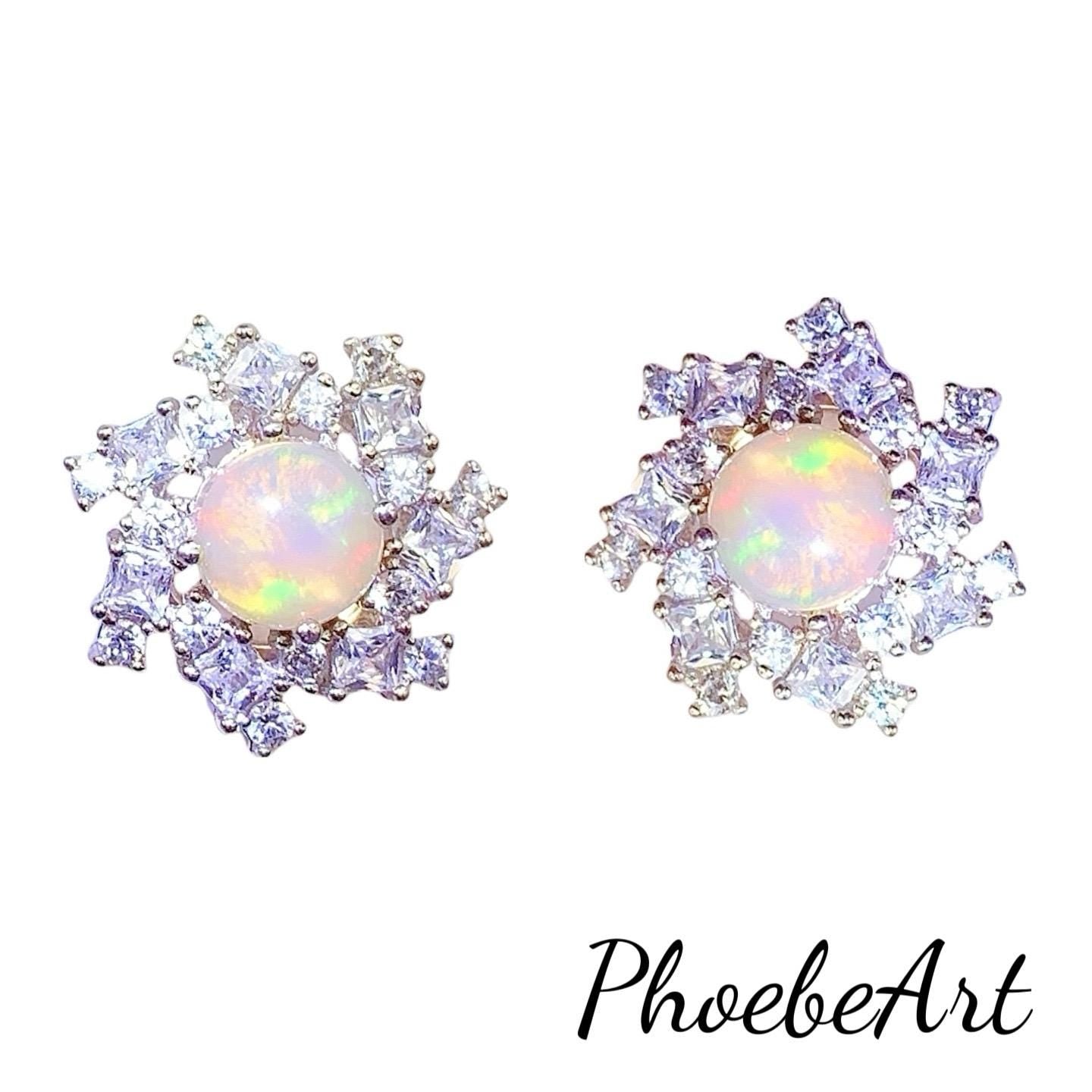 Rainbow Opal Sterling Silver Earrings: 18k White Gold Plated Studs