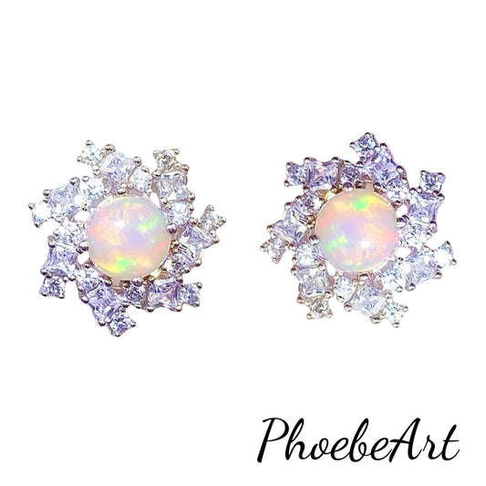 Rainbow Opal Sterling Silver Earrings: 18k White Gold Plated Studs