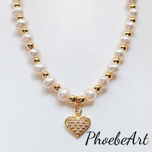 AAA Freshwater Pearl Necklace: 14K Gold Filled Heart Pendant