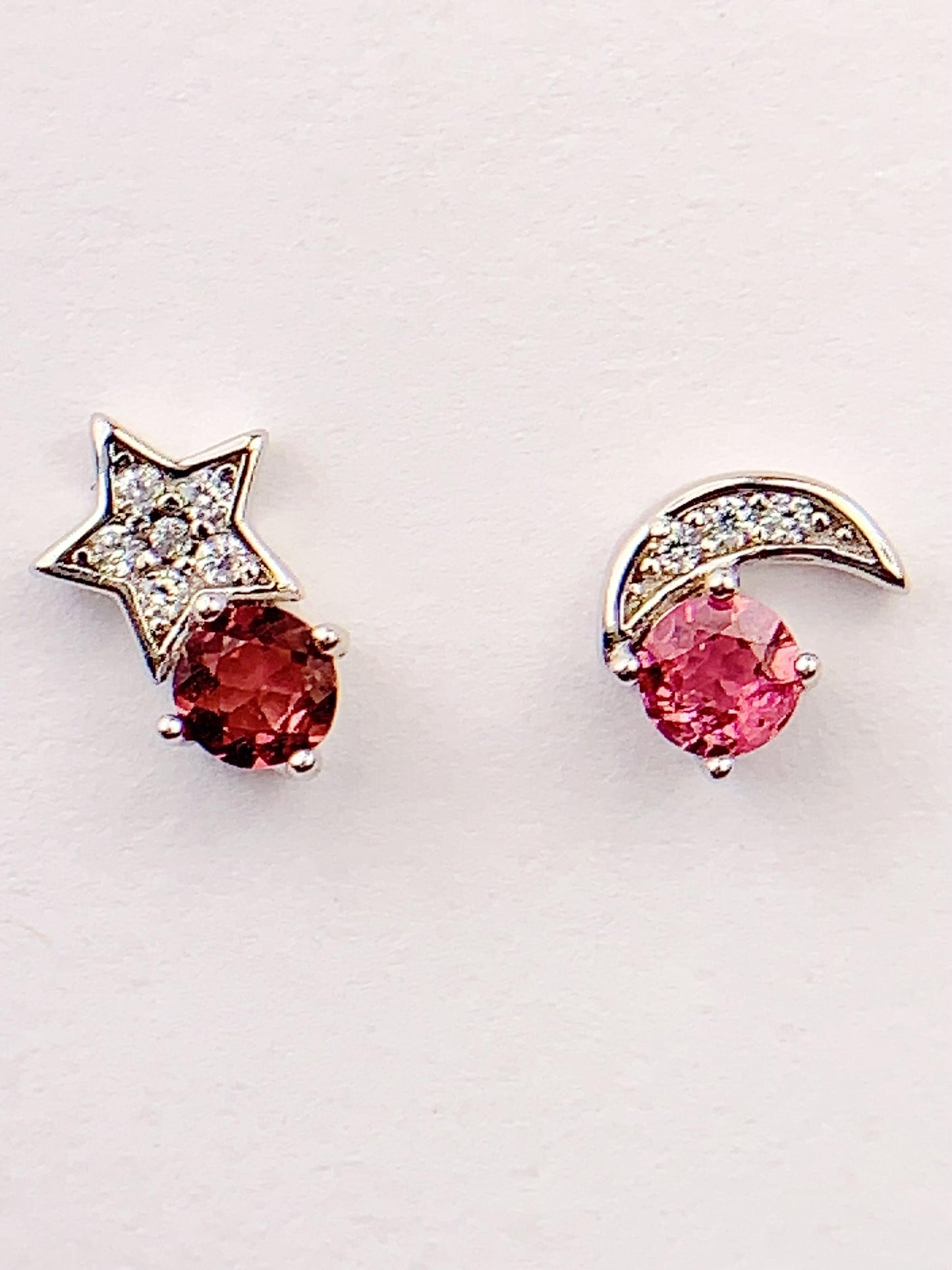 Pink Tourmaline Star Moon Earrings: Sterling Silver Studs