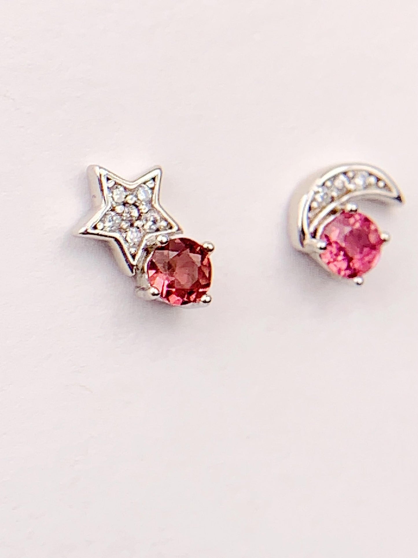 Pink Tourmaline Star Moon Earrings: Sterling Silver Studs