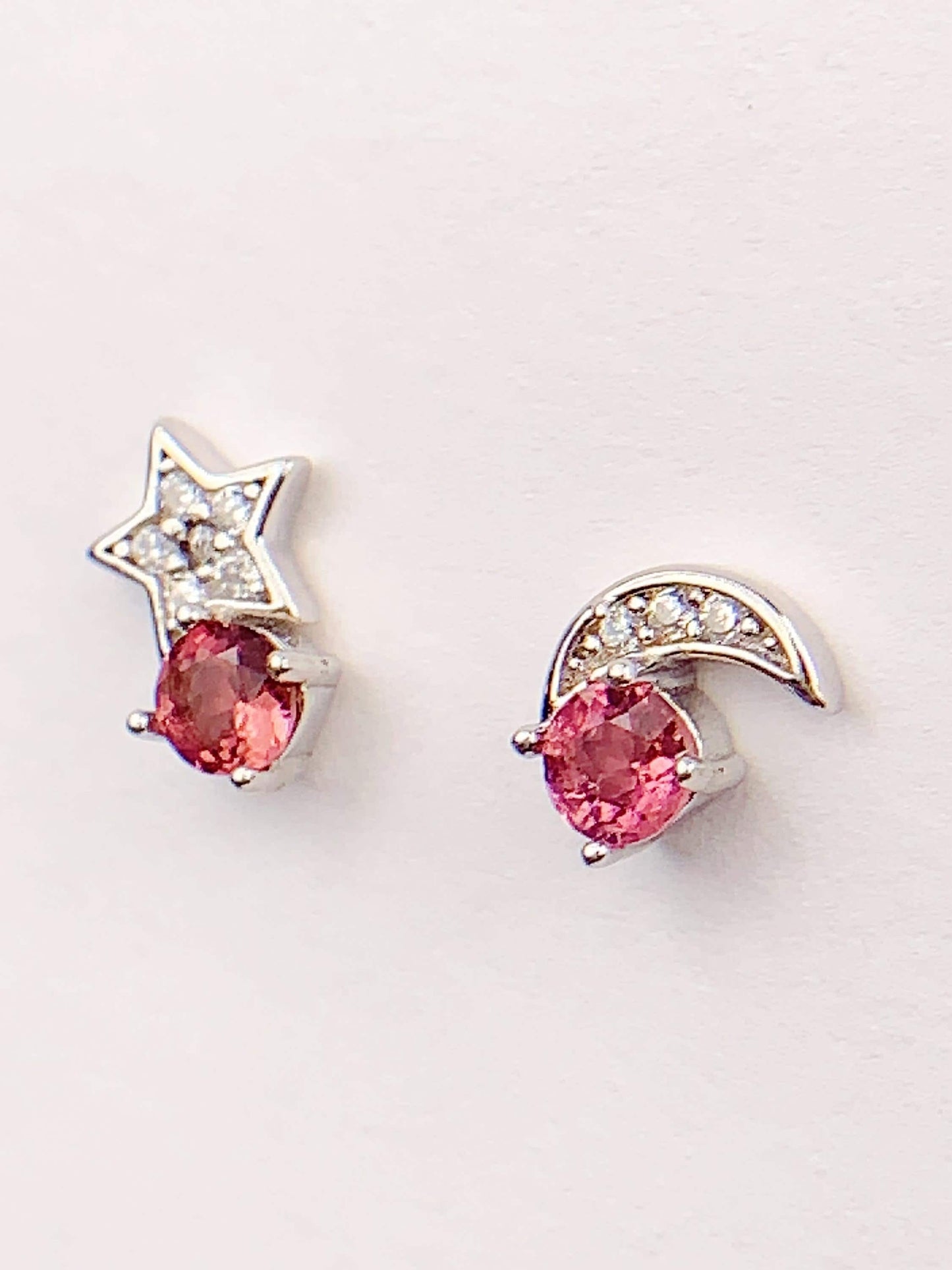 Pink Tourmaline Star Moon Earrings: Sterling Silver Studs
