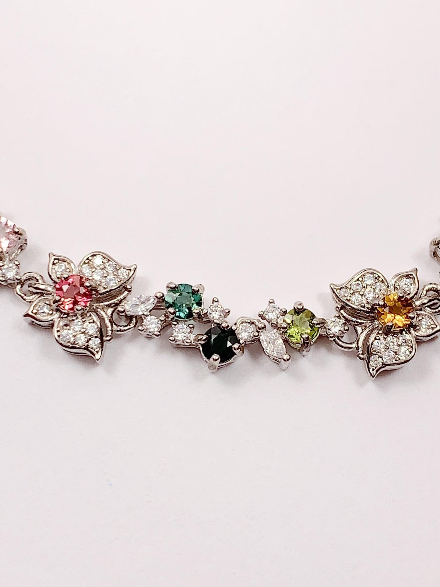 Rainbow Tourmaline Bracelet: 18k White Gold Plated Sterling Silver Butterfly