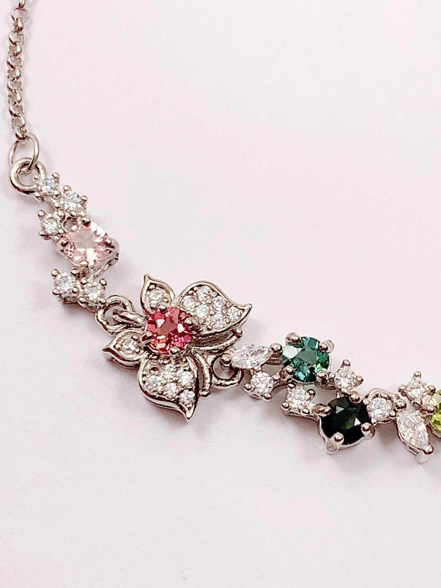Rainbow Tourmaline Bracelet: 18k White Gold Plated Sterling Silver Butterfly