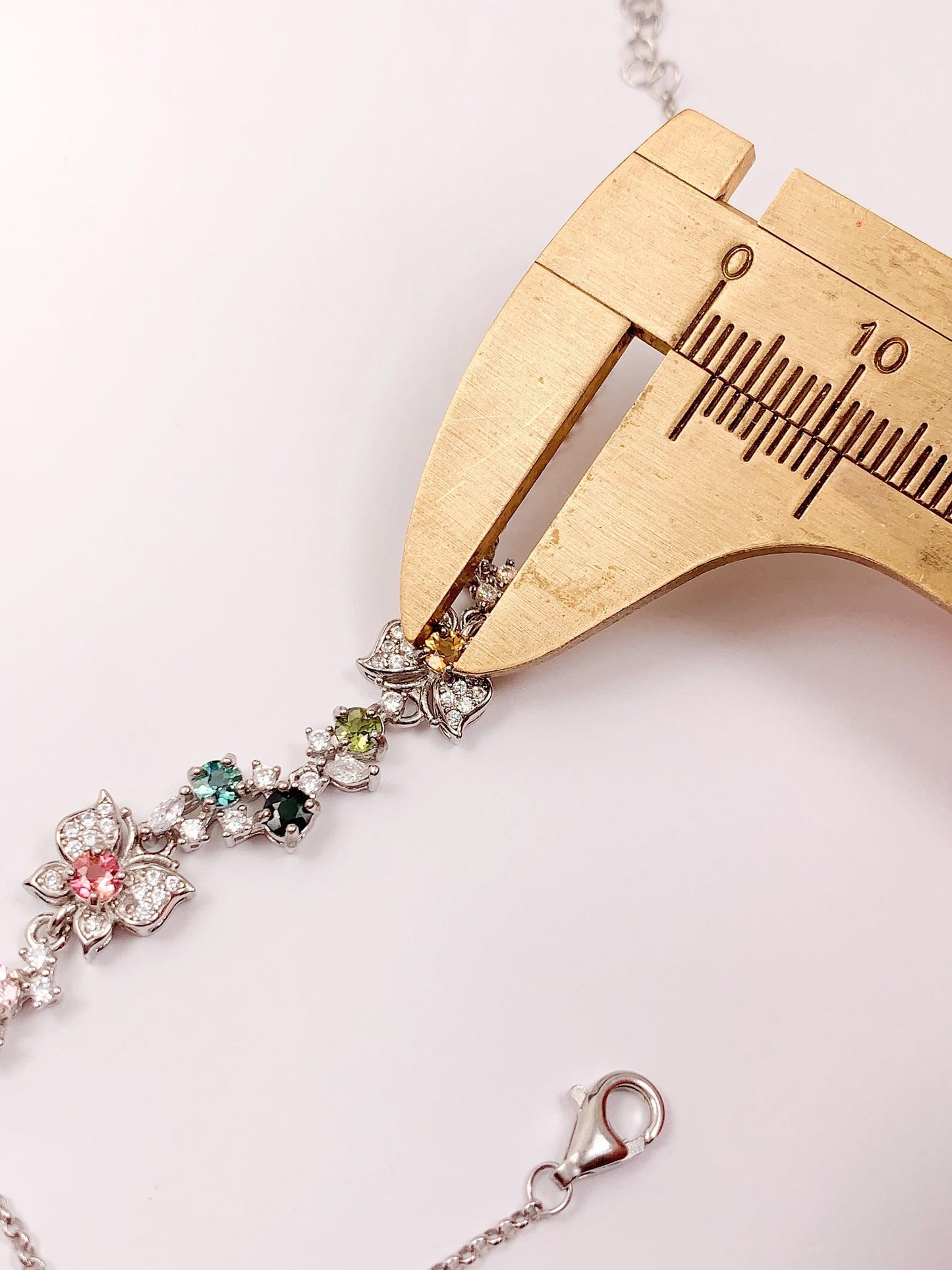 Rainbow Tourmaline Bracelet: 18k White Gold Plated Sterling Silver Butterfly